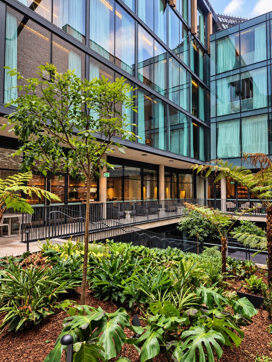 25hours Hotel The Olympia, courtyard garden with tree ferns below the glazed facade