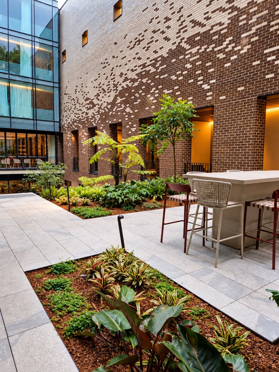 25hours Hotel The Olympia, courtyard terrace with a stone bar table