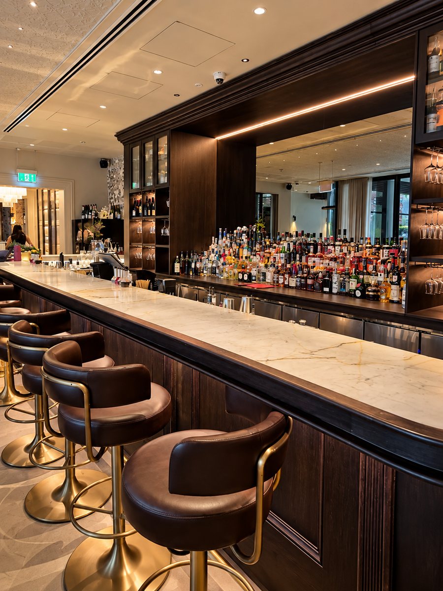 25hours Hotel The Olympia, marble topped bar with leather stools