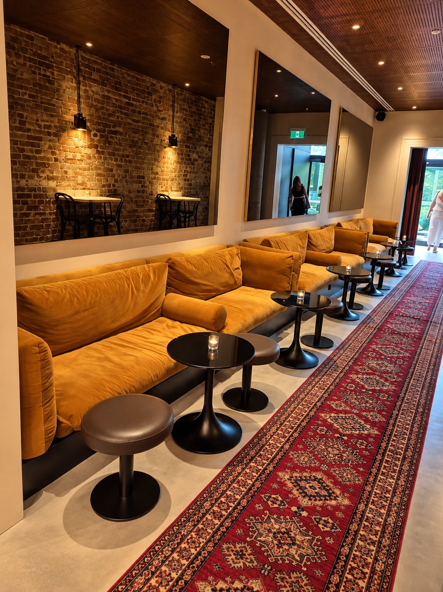 25hours Hotel The Olympia, lounge banquette with velvet cushions and candlelit tables