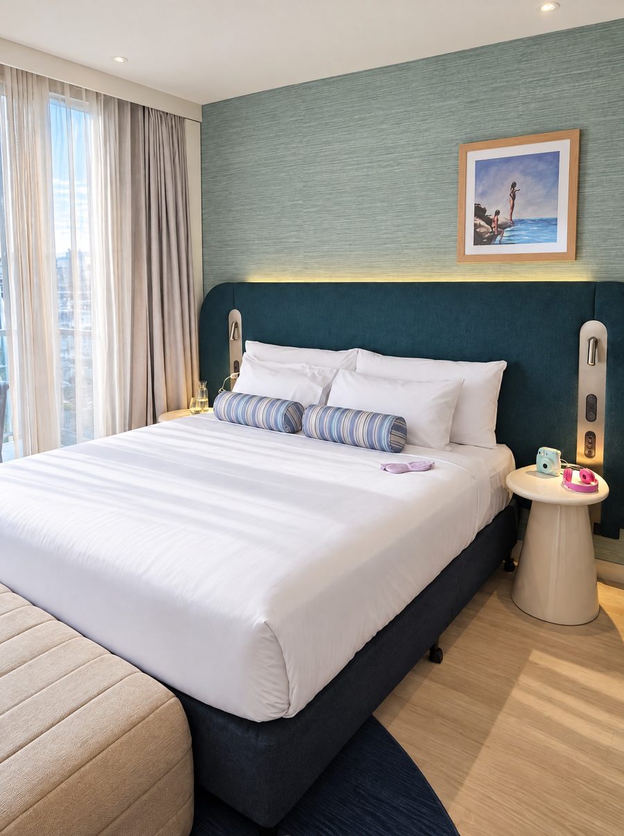Adina Sydney Darling Harbour, guest room with a king bed under a navy upholstered headboard with reading lights, a framed swimming print on seafoam grasscloth wallpaper