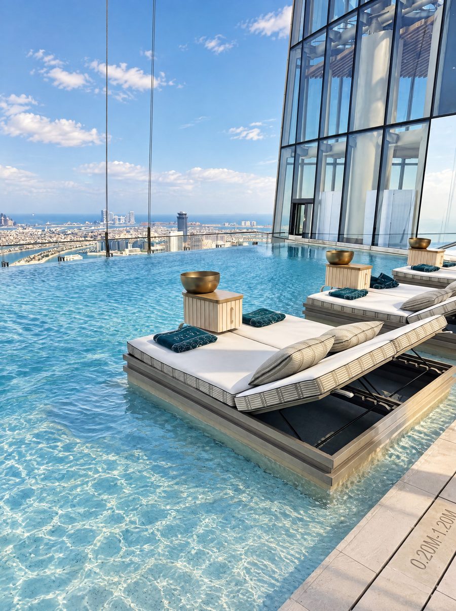Ciel Dubai Marina, rooftop infinity pool with in water daybeds, the glass tower beside it and Palm Jumeirah below