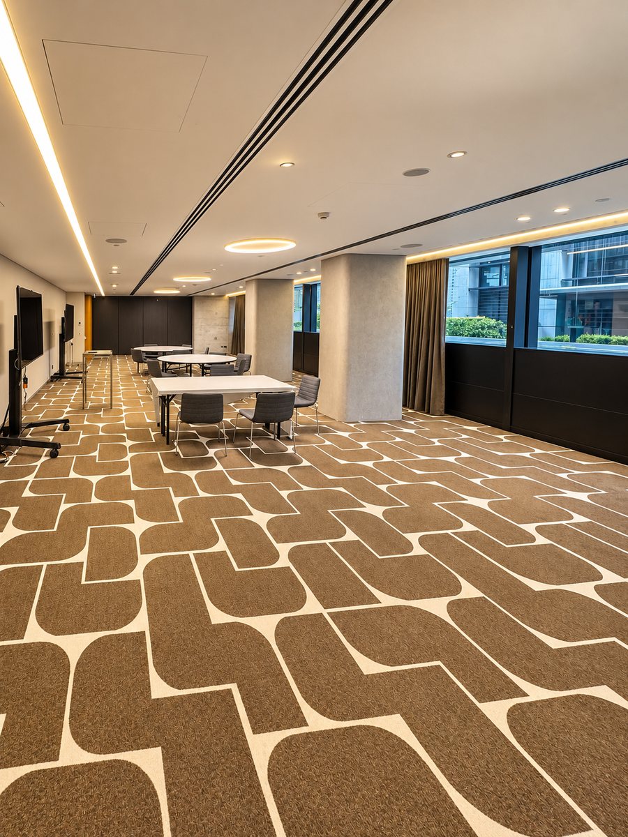 Four Points by Sheraton Sydney, Central Park, long carpeted event room with screens on stands, round tables and a divided wall at the far end