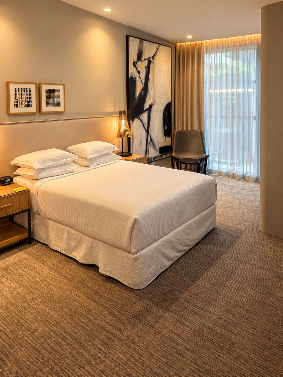 Four Points by Sheraton Sydney, Central Park, guest room with a double bed, reading chair and sheer curtains