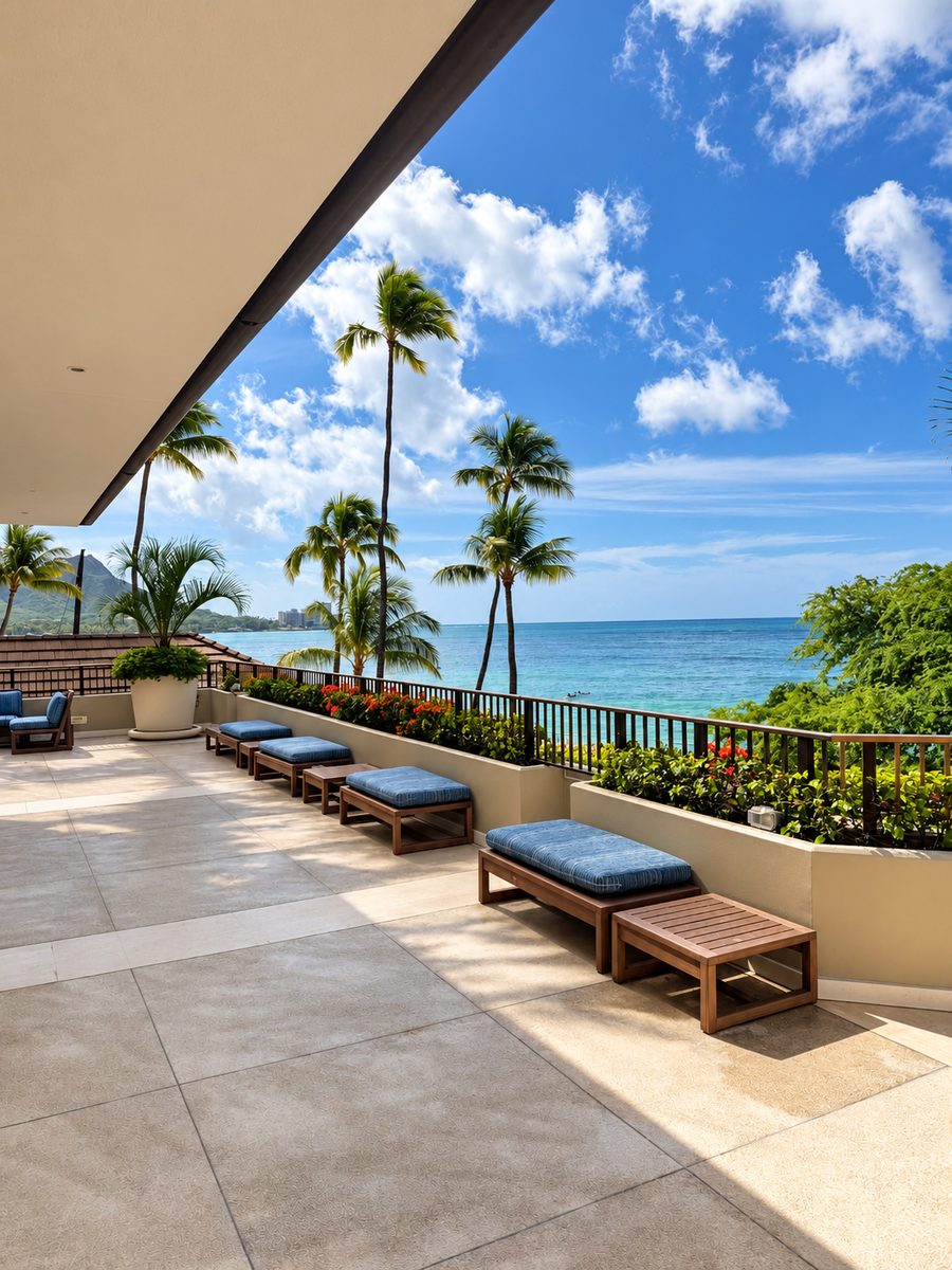 Halekulani, a covered terrace with bench seating looking across the ocean to Diamond Head