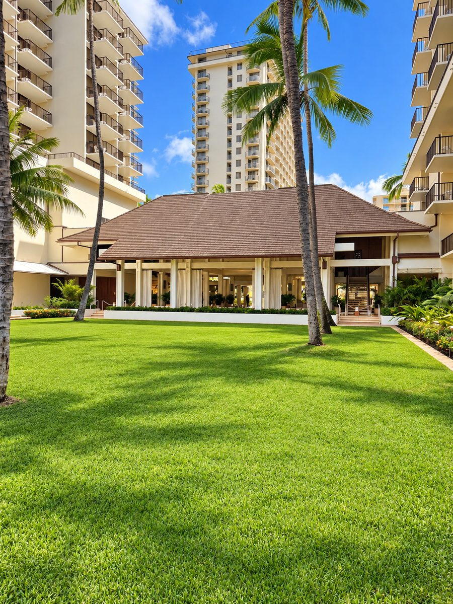 Halekulani, a lawn in front of an open-sided pavilion hung with white curtains