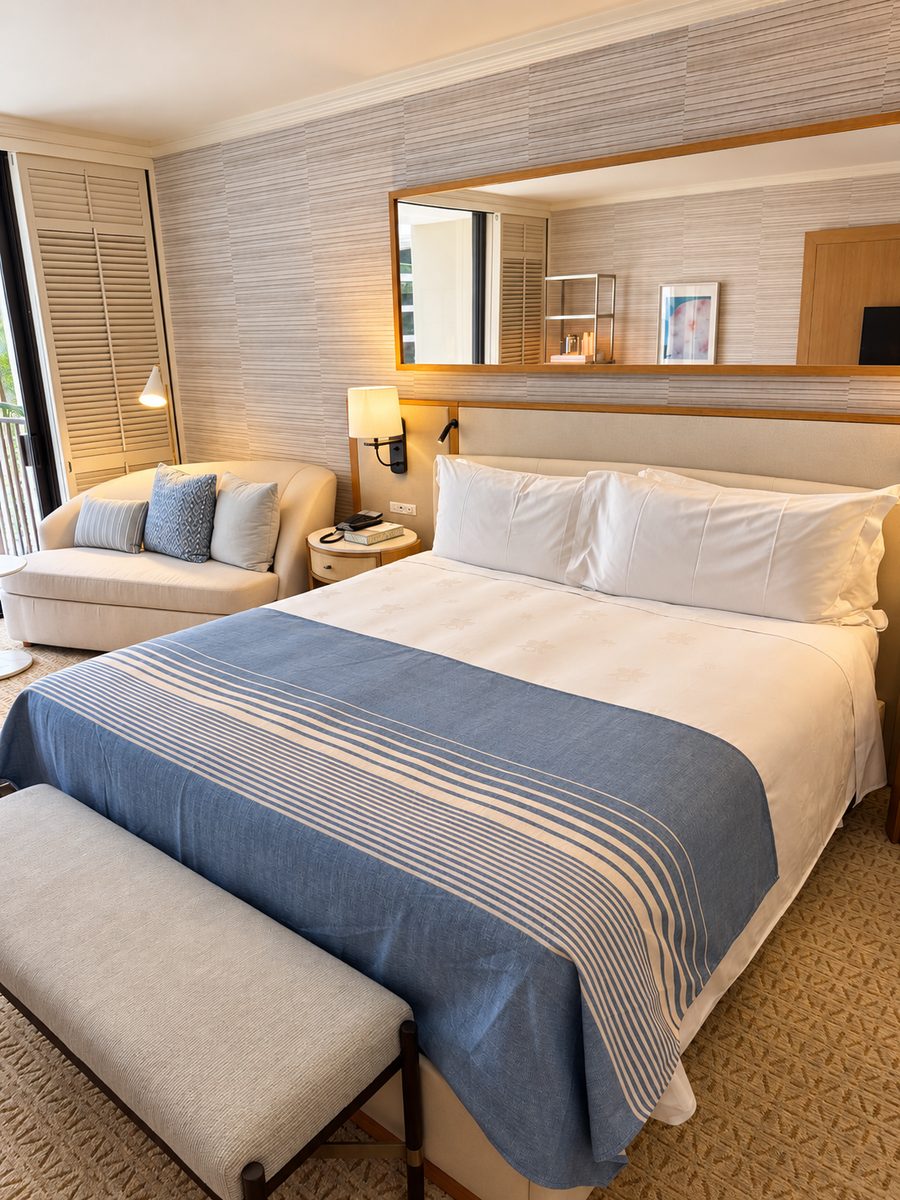 Halekulani, a guest room with a king bed and a wall-width mirror