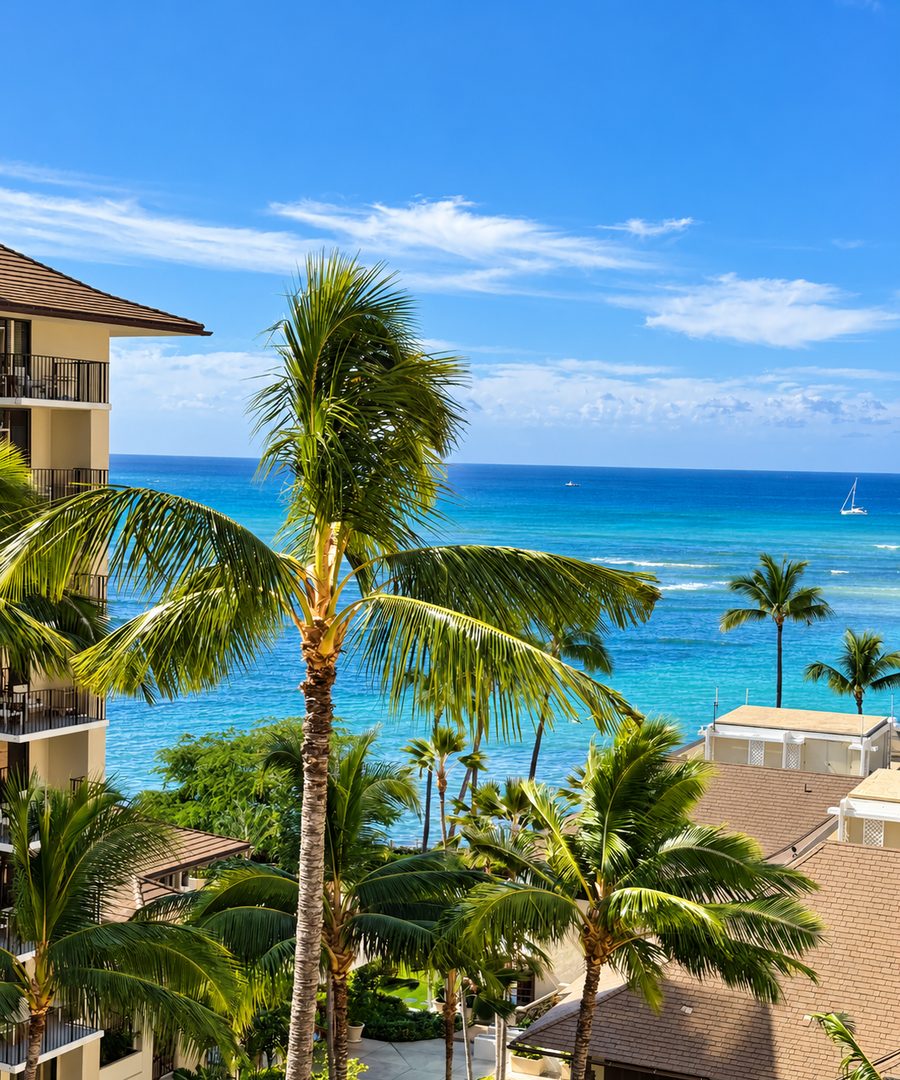 Halekulani, the ocean over the palms from a high floor