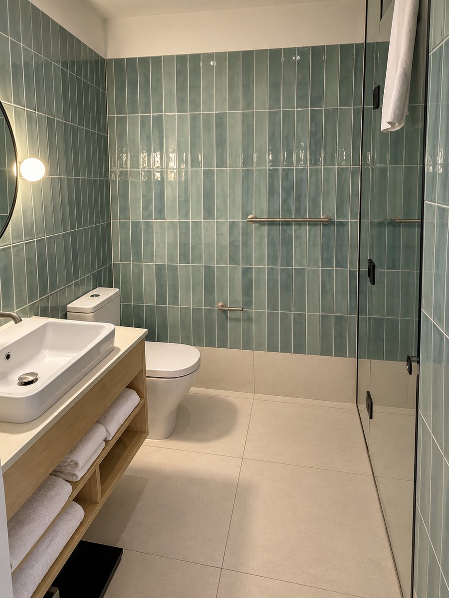 Holiday Inn Melbourne Bourke Street Mall, bathroom with sage vertical tiles, a timber vanity and a walk in shower
