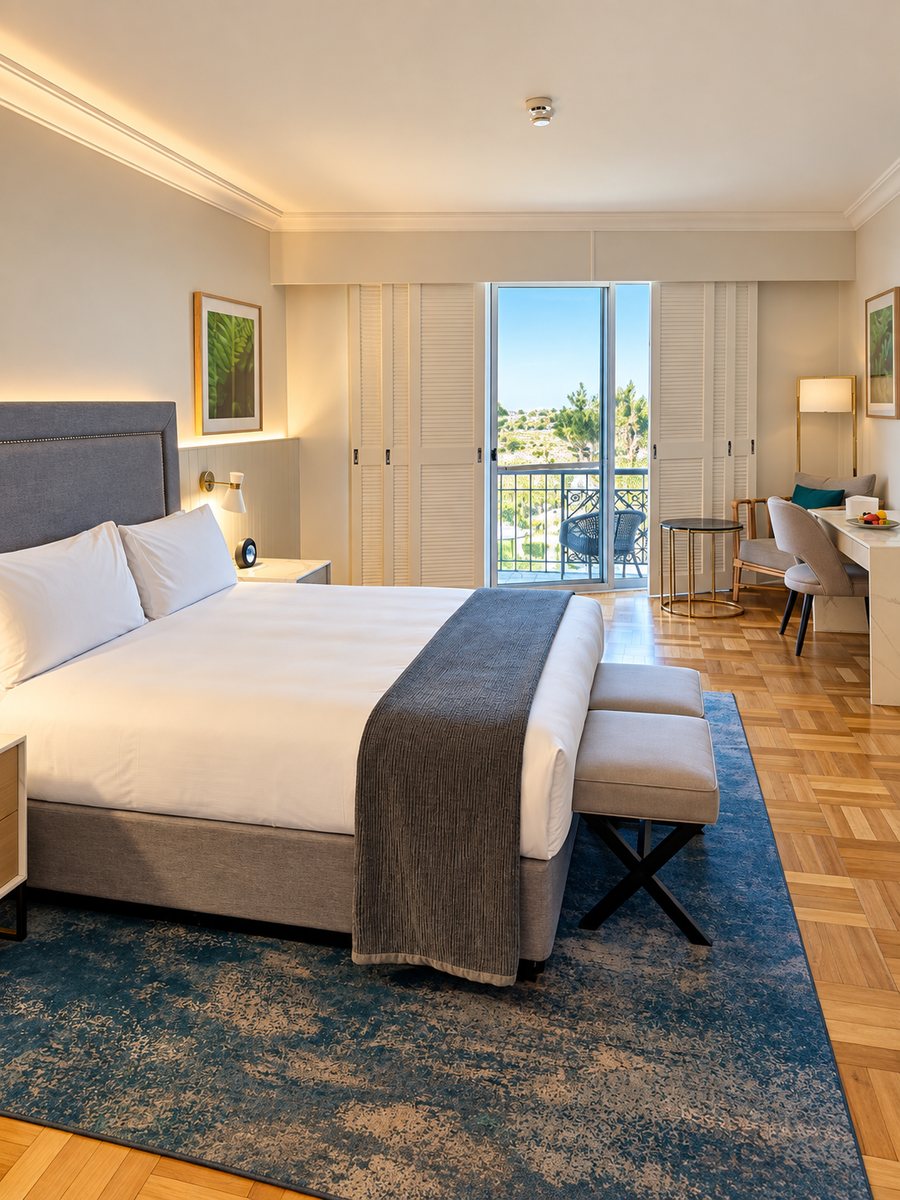 InterContinental Sanctuary Cove Resort, guest room with a king bed, parquetry floor and a balcony door open to the gardens