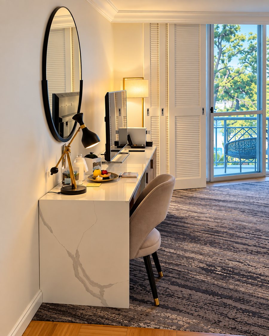 InterContinental Sanctuary Cove Resort, guest room desk in white stone under a round mirror, beside louvred wardrobe doors