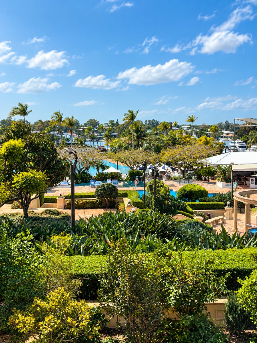 InterContinental Sanctuary Cove Resort, gardens stepping down to the pools, with the marina and river behind