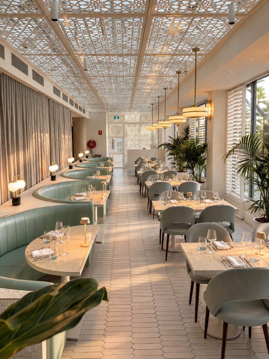 InterContinental Sydney Coogee Beach, restaurant with banquettes under a screened ceiling