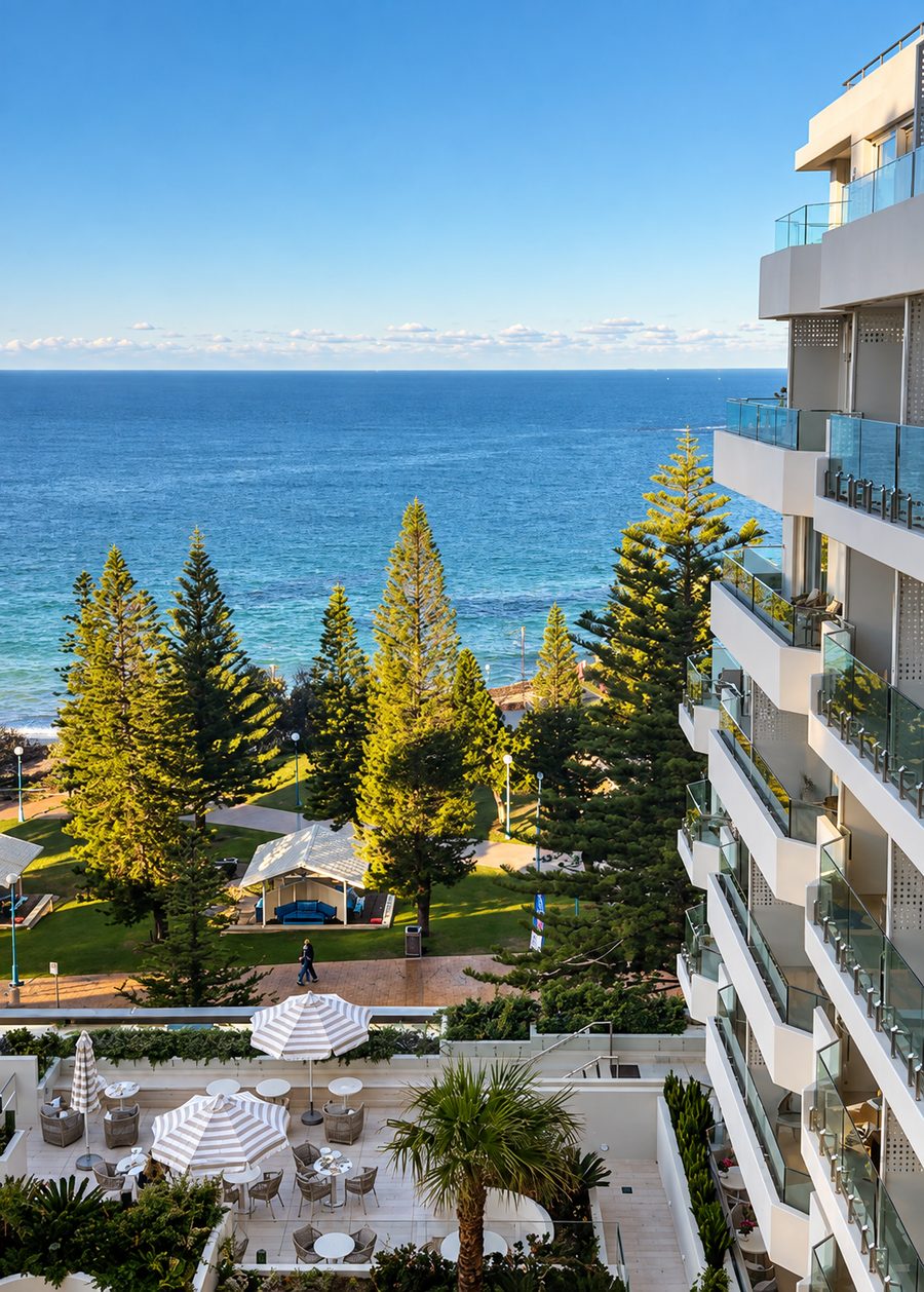 InterContinental Sydney Coogee Beach, view over the Norfolk pines to the ocean