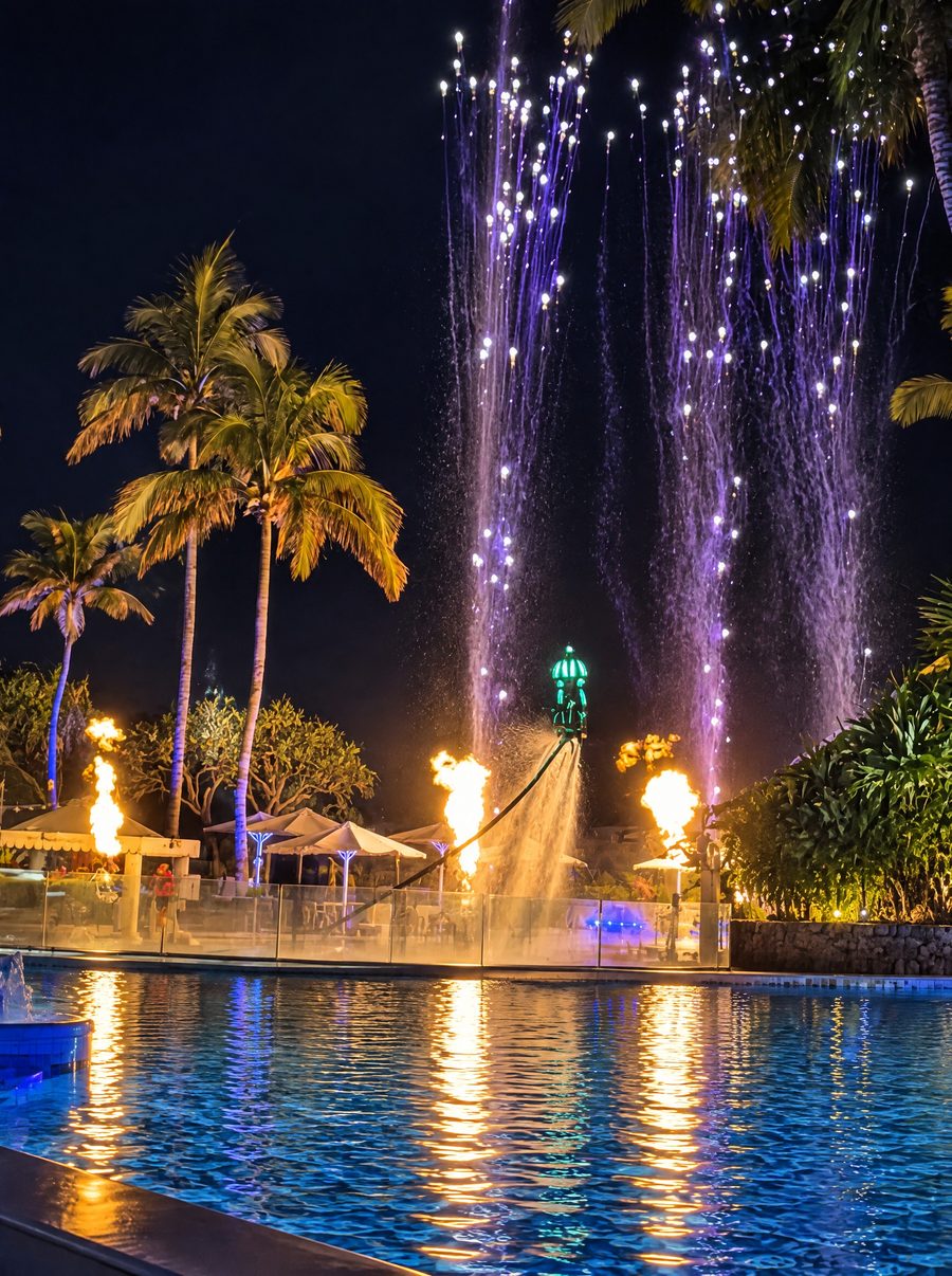 JW Marriott Gold Coast Resort & Spa, lagoon pool at night lit blue under palms, with flame and water effects set for an event