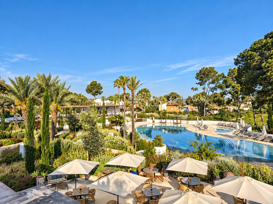 Kimpton Aysla Mallorca, gardens, the outdoor pool and a dining terrace from above