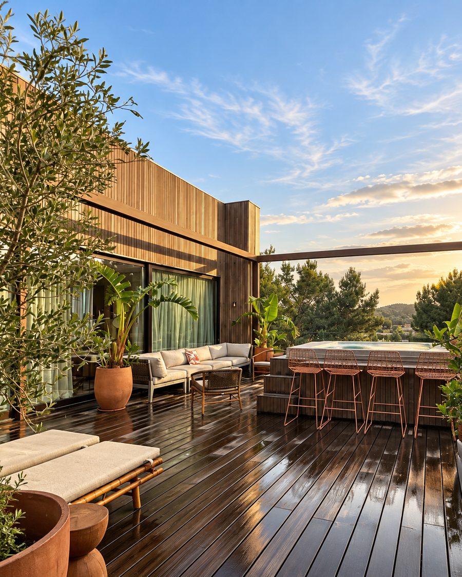 Kimpton Aysla Mallorca, timber roof deck with lounge seating, bar stools and a raised pool at sunset