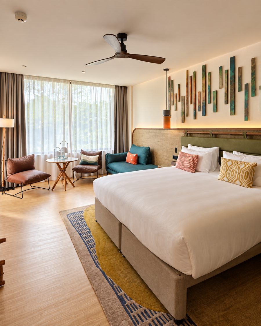 Kimpton Aysla Mallorca, guest room with a king bed, an olive headboard and a teal sofa by the window