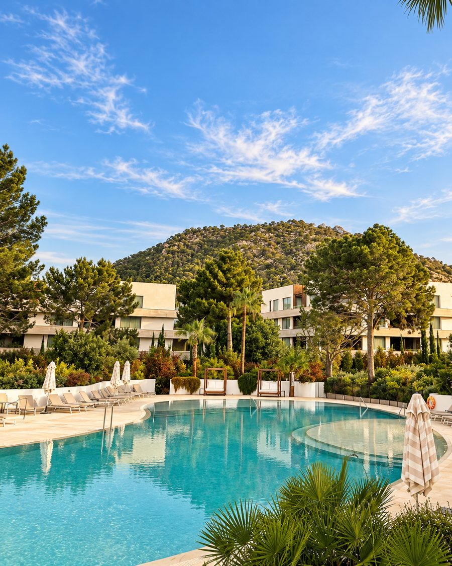 Kimpton Aysla Mallorca, outdoor pool with day beds and the hills behind