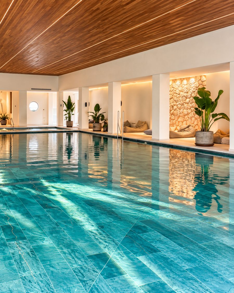 Kimpton Aysla Mallorca, indoor pool under a timber ceiling, with stone walls and loungers