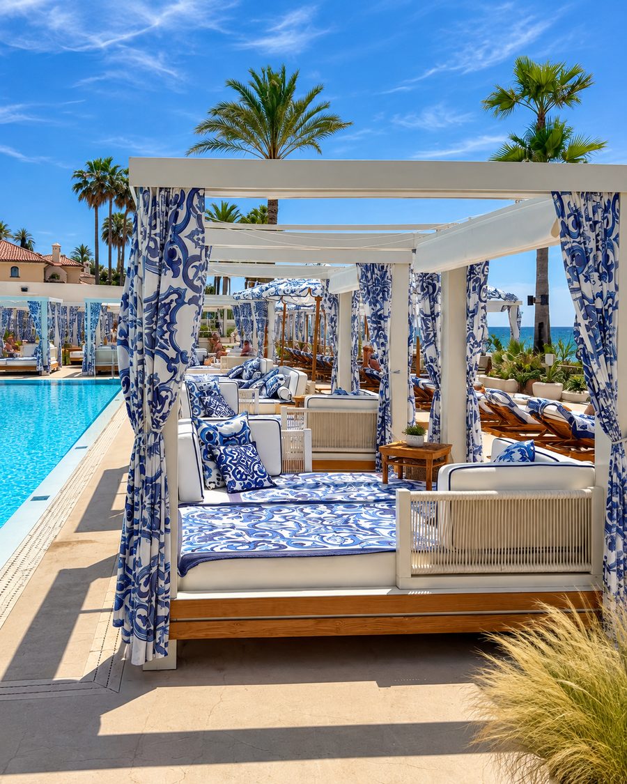 Kimpton Los Monteros Marbella, beach club cabana with blue and white cushions and the sea beyond