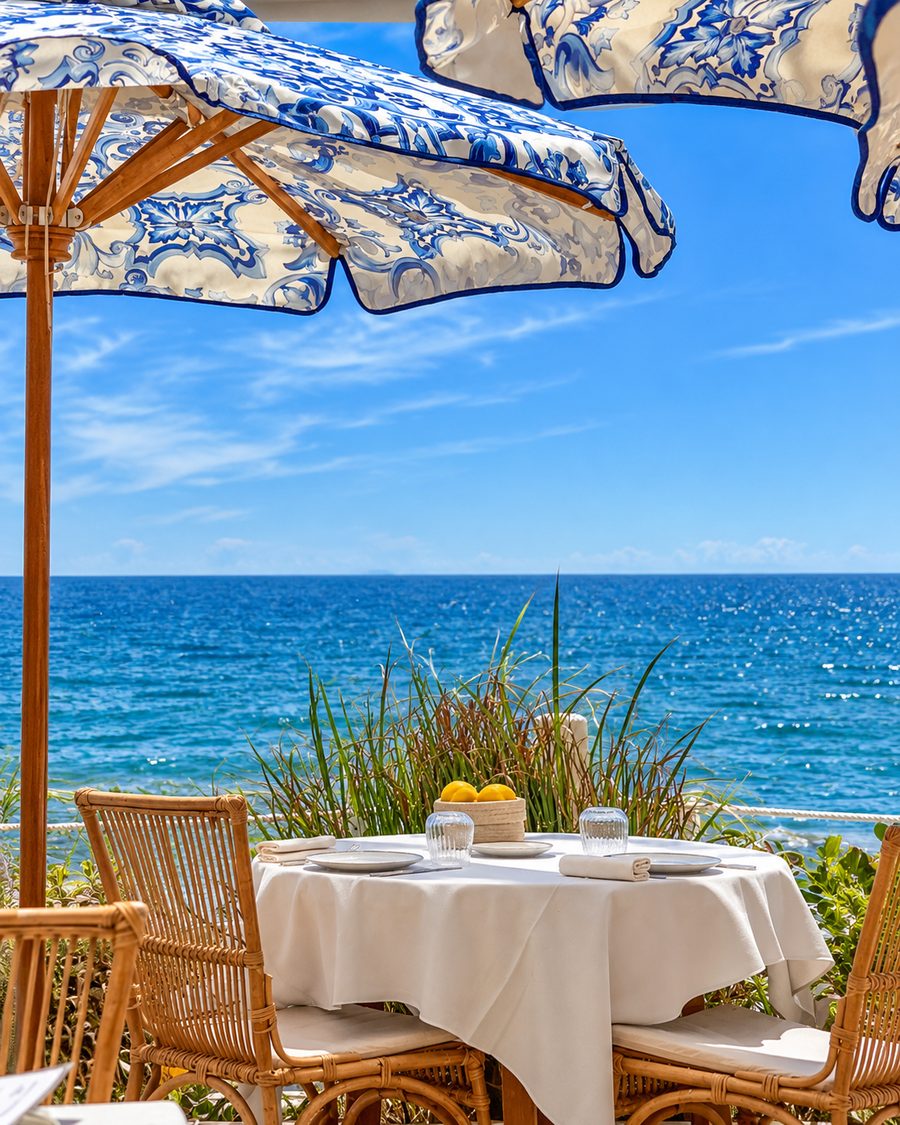 Kimpton Los Monteros Marbella, table laid for lunch under patterned umbrellas, facing the sea