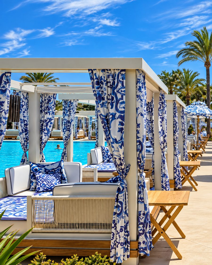 Kimpton Los Monteros Marbella, beach club cabanas with blue and white patterned curtains beside a pool