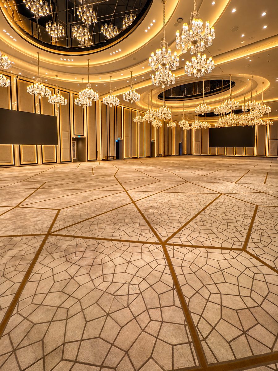 One&Only One Za’abeel, ballroom with rows of crystal chandeliers, mirrored ceiling domes and a patterned carpet