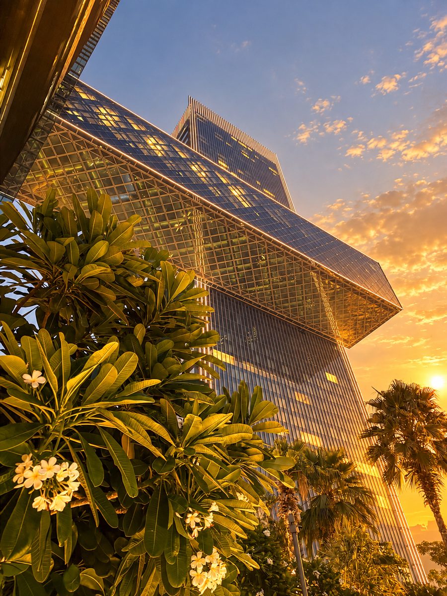 One&Only One Za’abeel, the glass link between the two towers, seen from the garden at sunset