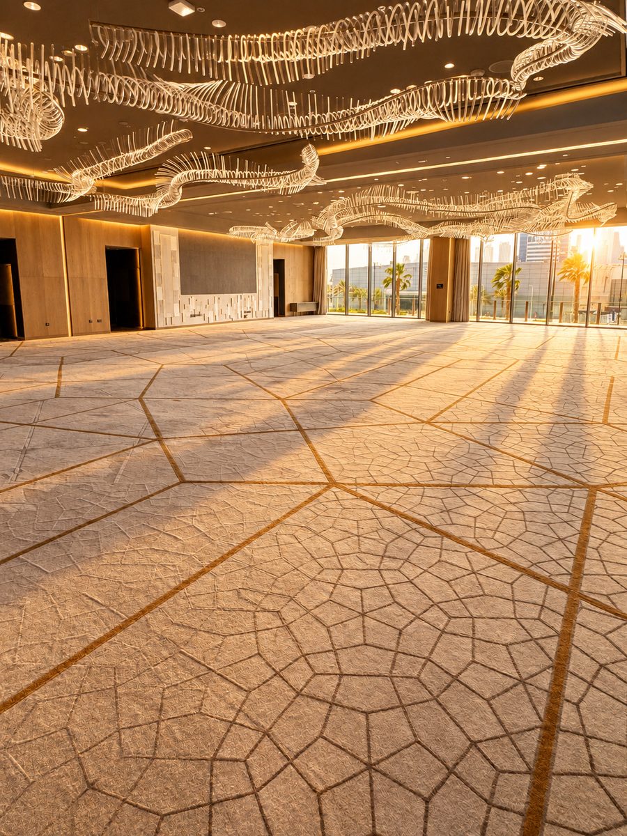 One&Only One Za’abeel, ballroom under sculptural light installations, with timber walls and full height windows onto palms