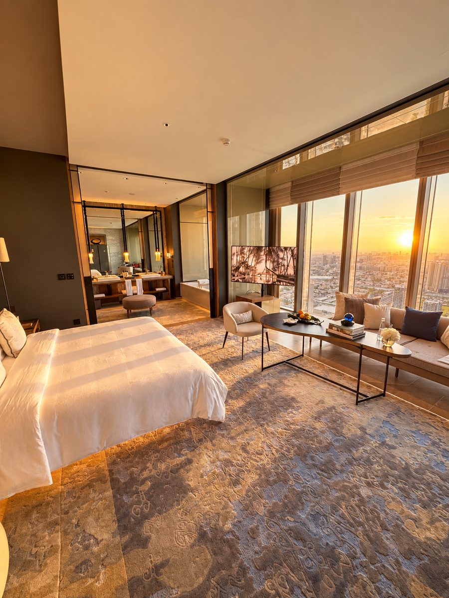 One&Only One Za’abeel, guest room with a king bed, a window seat and the city at sunset