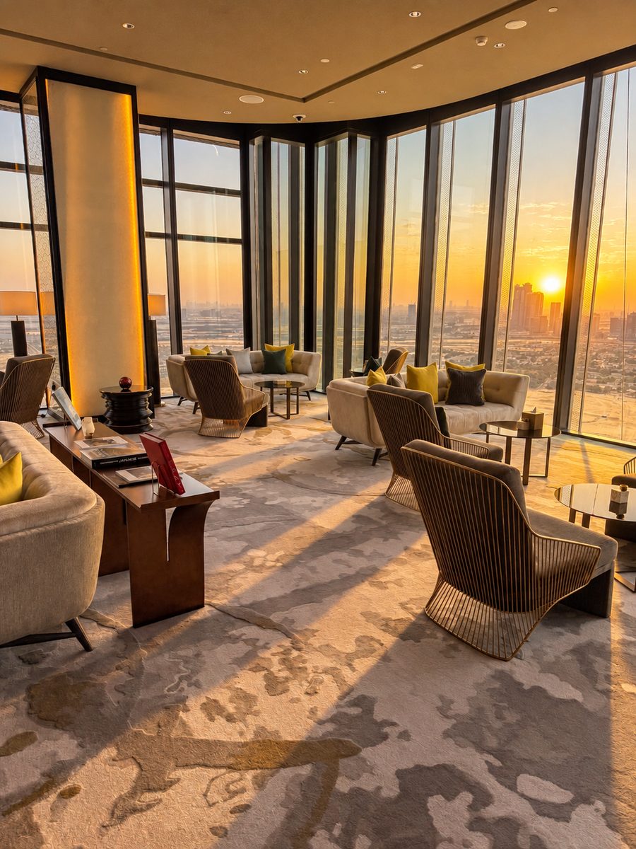 One&Only One Za’abeel, lounge behind curved full height glass, with sofas and wire armchairs above the city