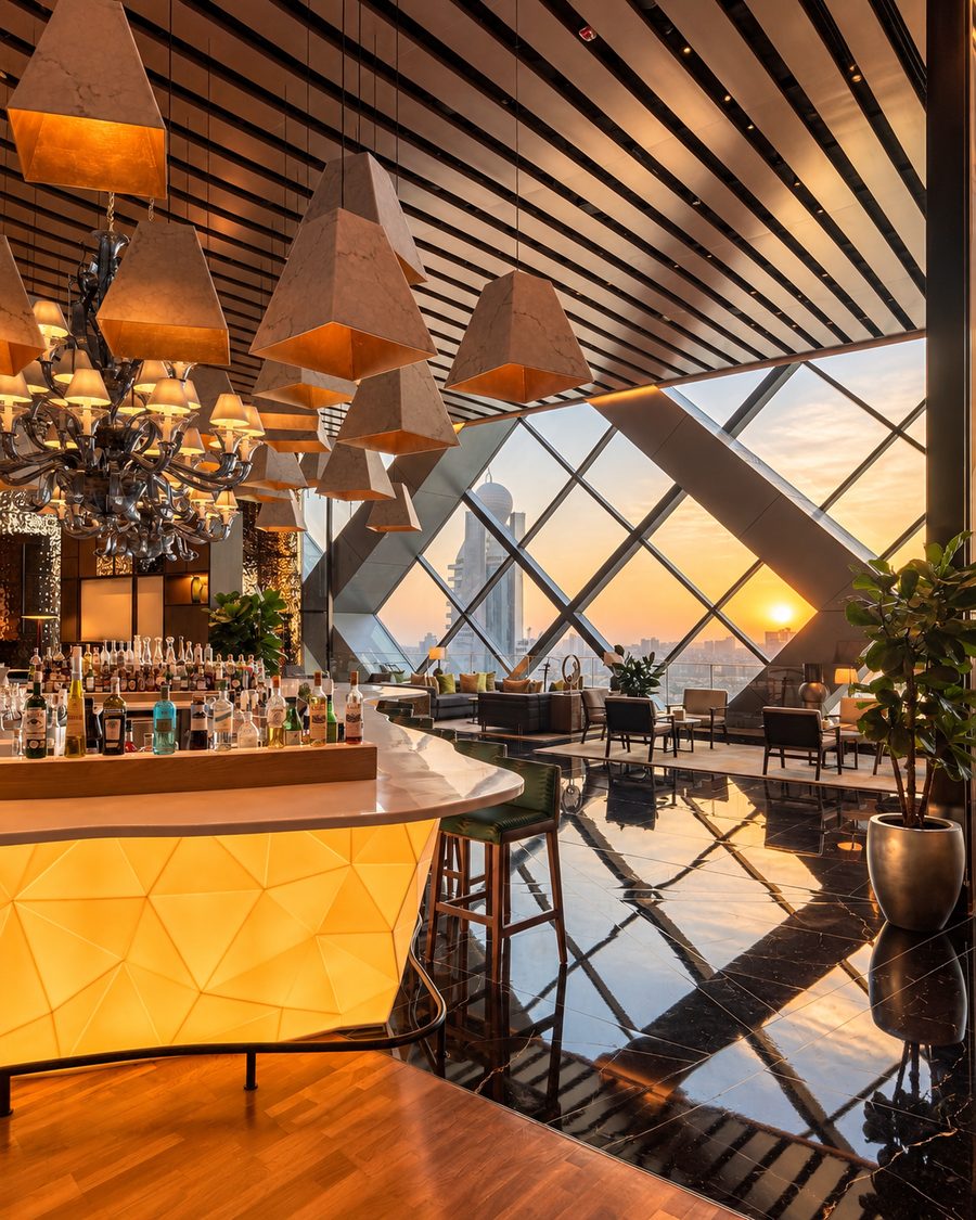 One&Only One Za’abeel, bar with a lit faceted counter under stone pendant lights and a diagonal glass facade