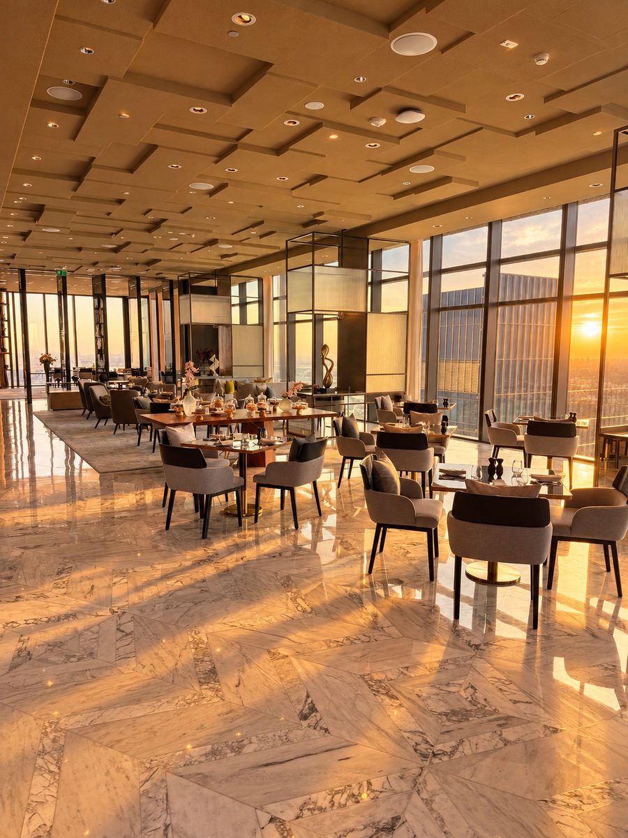 One&Only One Za’abeel, dining room with a marble floor, grey armchairs and full height windows at sunset