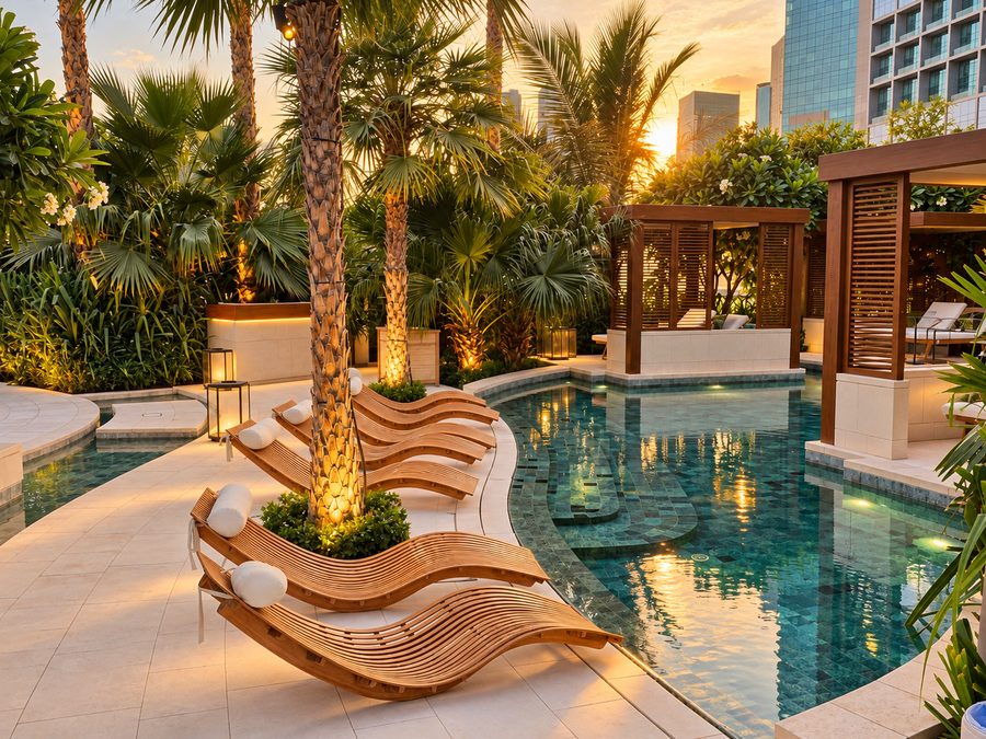 One&Only One Za’abeel, pool with curved timber loungers, palms and lanterns at sunset