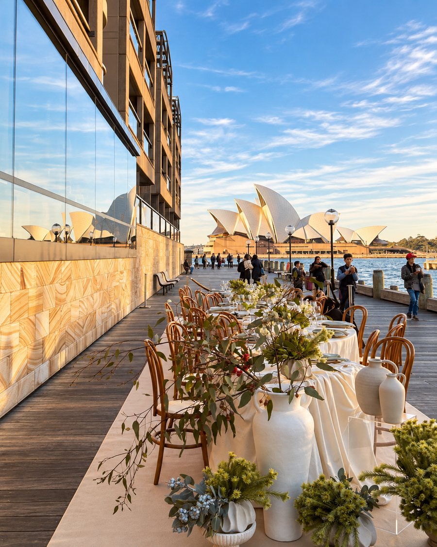 Park Hyatt Sydney, long table dressed in white linen with gum leaves and bentwood chairs on the harbourfront boardwalk, the Opera House beyond