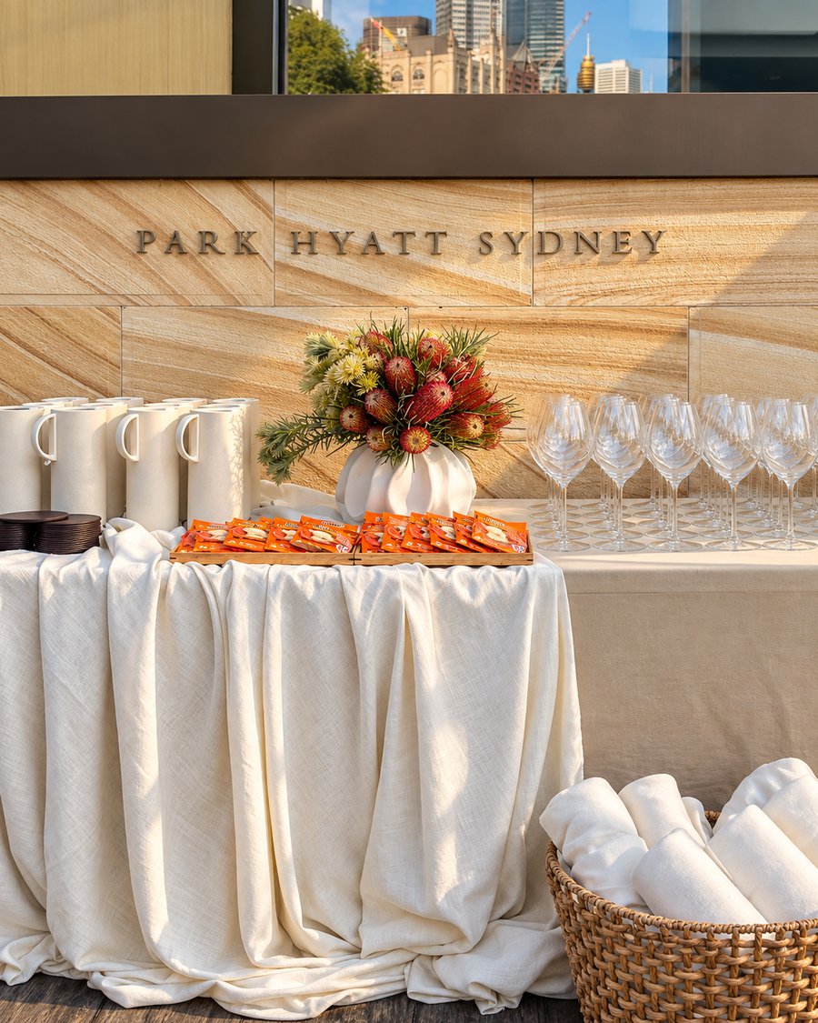 Park Hyatt Sydney, reception table in white linen with wine glasses and water jugs below a sandstone wall carrying the hotel name