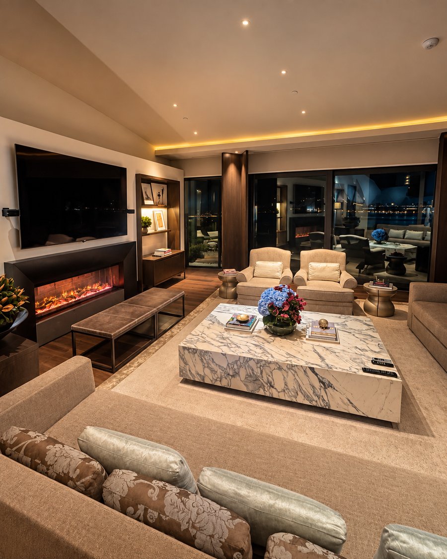 Park Hyatt Sydney, suite living room at night with a fireplace, a marble coffee table and the harbour through the glass