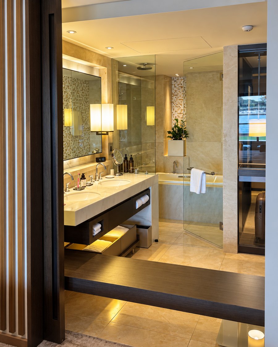 Park Hyatt Sydney, marble bathroom with double basins, a deep bath and a glass walk in shower