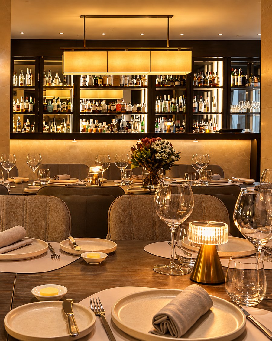 Park Hyatt Sydney, dining table set for service in front of a lit back bar