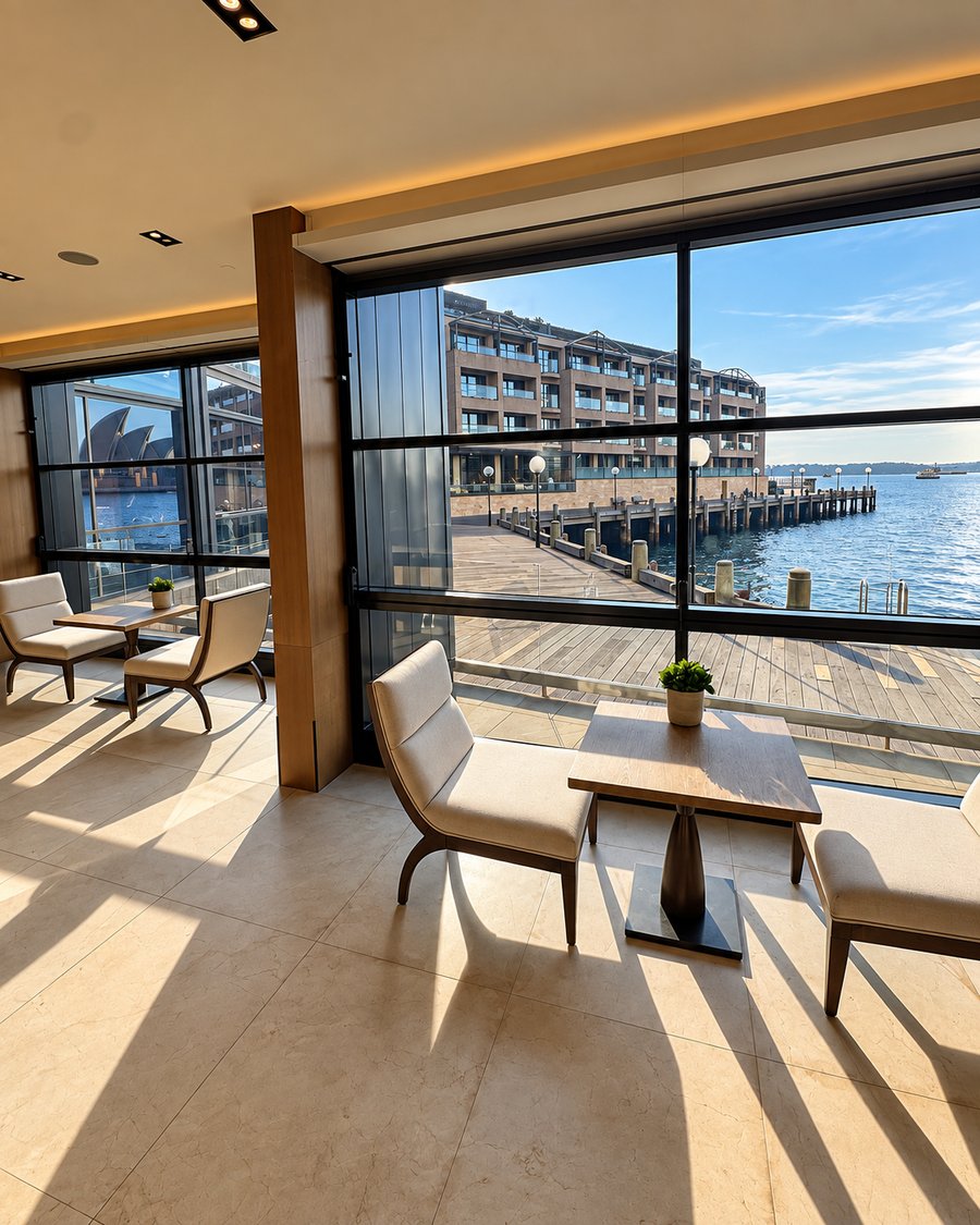 Park Hyatt Sydney, lounge chairs on a stone floor beside full height windows onto the harbour boardwalk