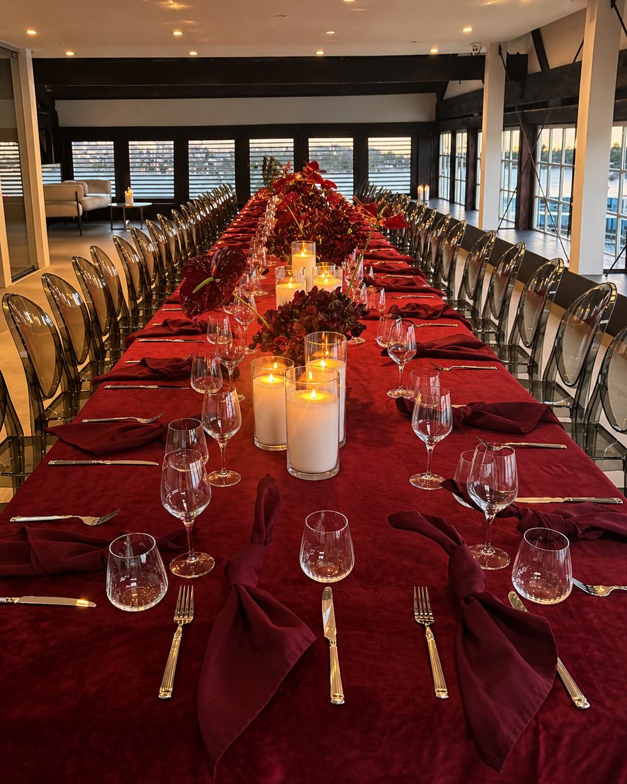 Pier One Sydney Harbour, Autograph Collection, long banquet table dressed in red velvet with candles, under timber ceiling beams