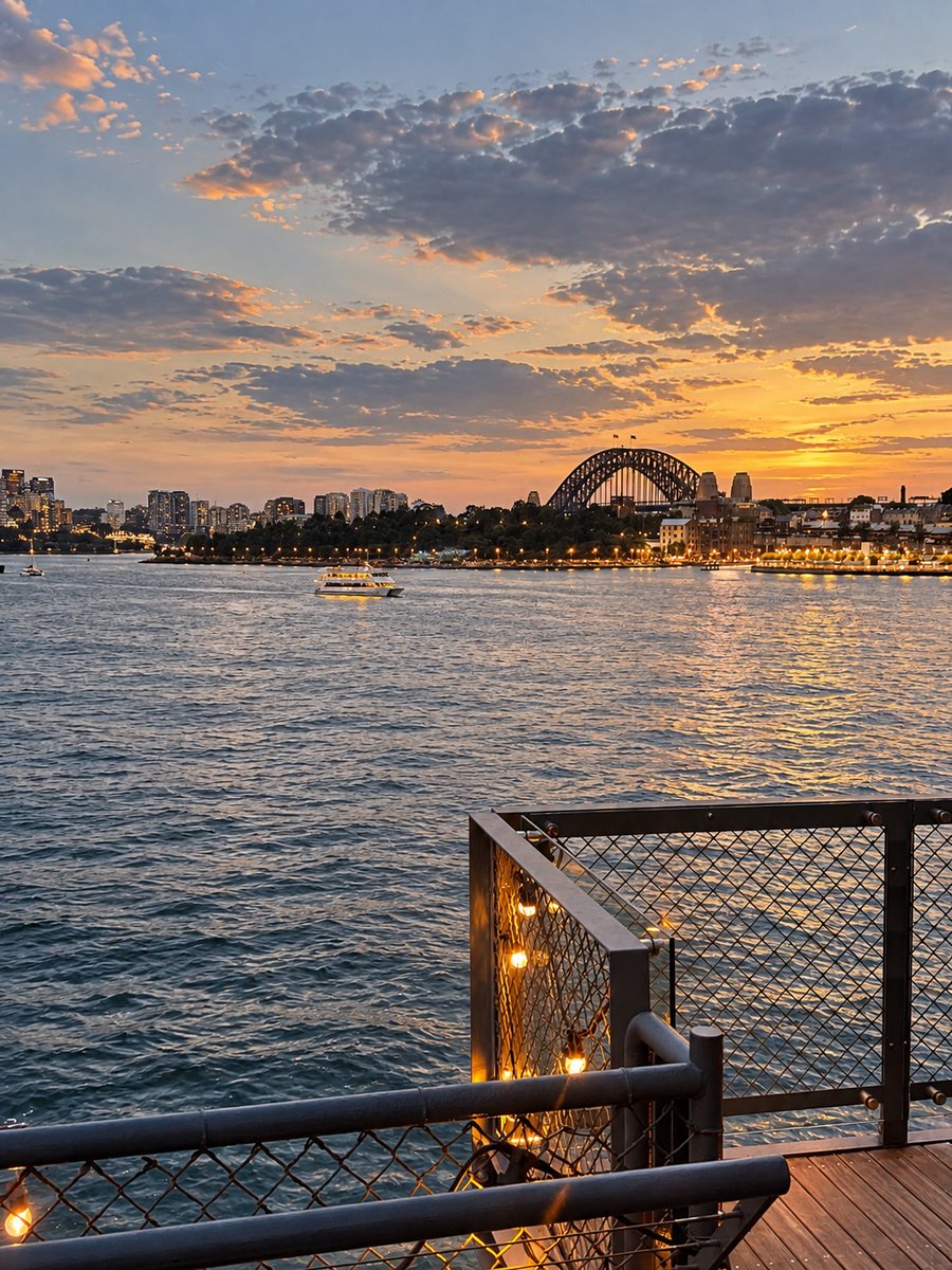 Pier One Sydney Harbour, Autograph Collection, harbour view from the wharf deck at sunset, with festoon lights on the balustrade