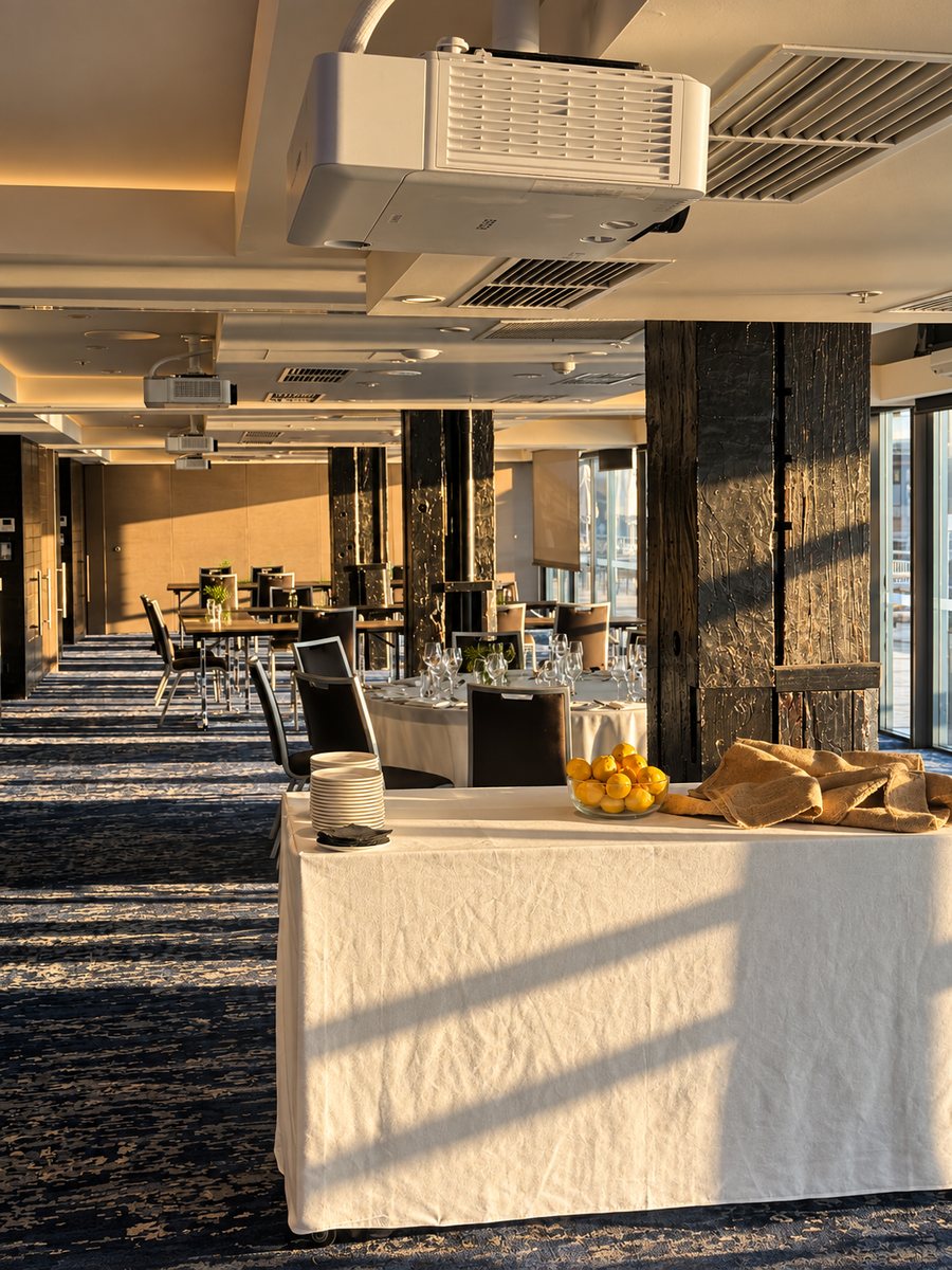 Pier One Sydney Harbour, Autograph Collection, function room with ceiling projectors and heritage timber columns, set for dinner and a classroom meeting