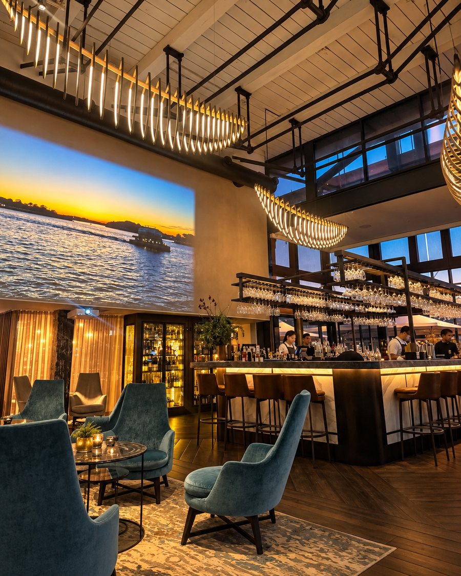 Pier One Sydney Harbour, Autograph Collection, lounge bar with velvet armchairs, sculptural pendant lights and a projection wall