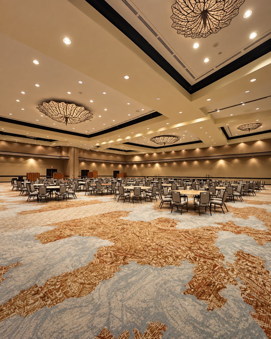 Sheraton Waikiki Beach Resort, an event room set with round tables under leaf-shaped chandeliers