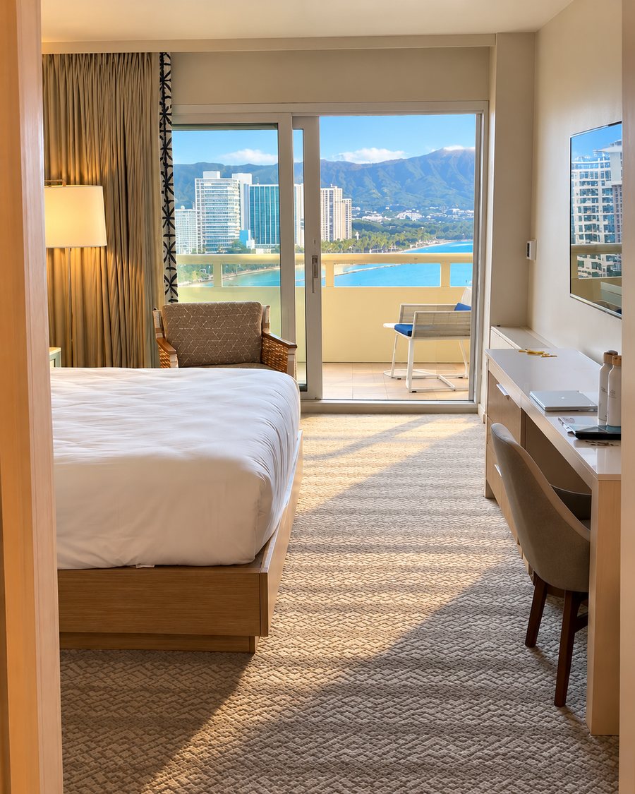 Sheraton Waikiki Beach Resort, a guest room with a king bed and a lanai looking along the coast