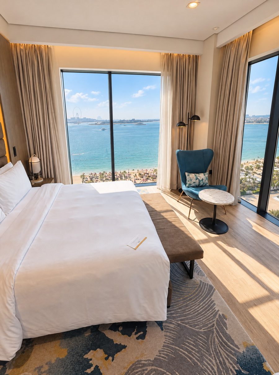 voco Dubai The Palm, guest room with a king bed and floor to ceiling windows over the beach, the sea and Ain Dubai
