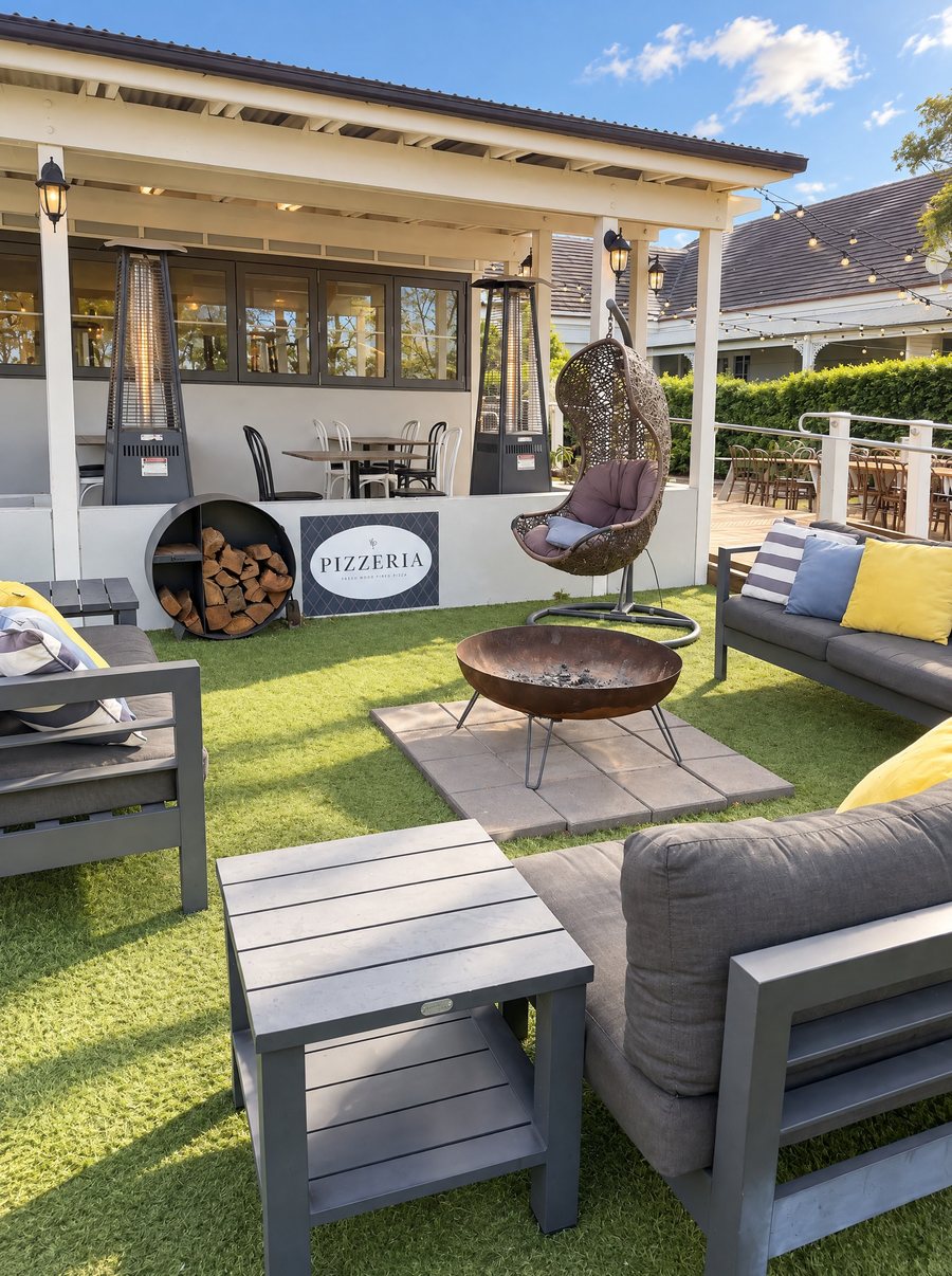 voco Kirkton Park Hunter Valley, courtyard with a fire pit, grey outdoor lounges and a hanging egg chair on lawn, a covered pizza bar behind