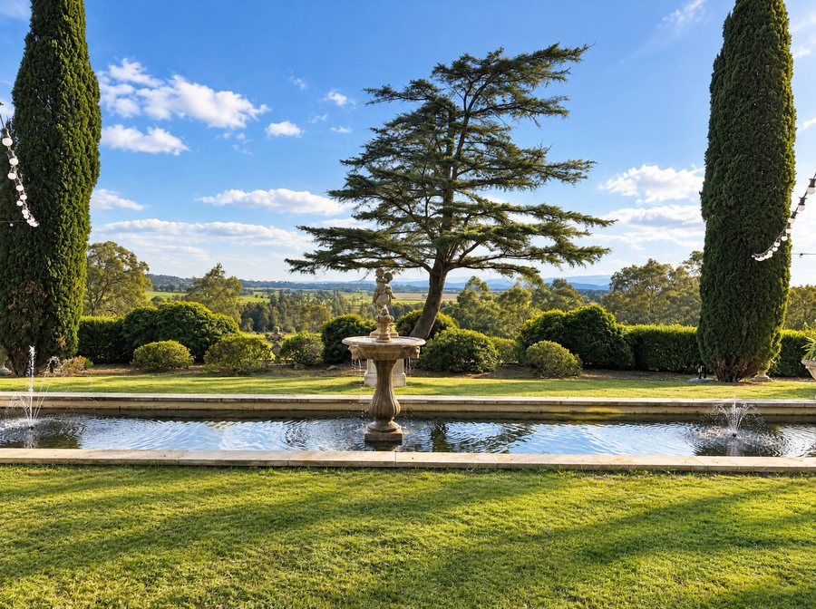 voco Kirkton Park Hunter Valley, formal garden with a long reflecting pond and fountains between two cypress trees, a spreading cedar and open country beyond